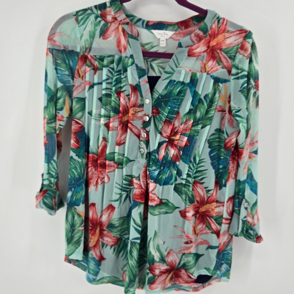 Coral Bay Petite M Blouse Tropical Hibiscus Palm Sheer Pleated Button Front EUC